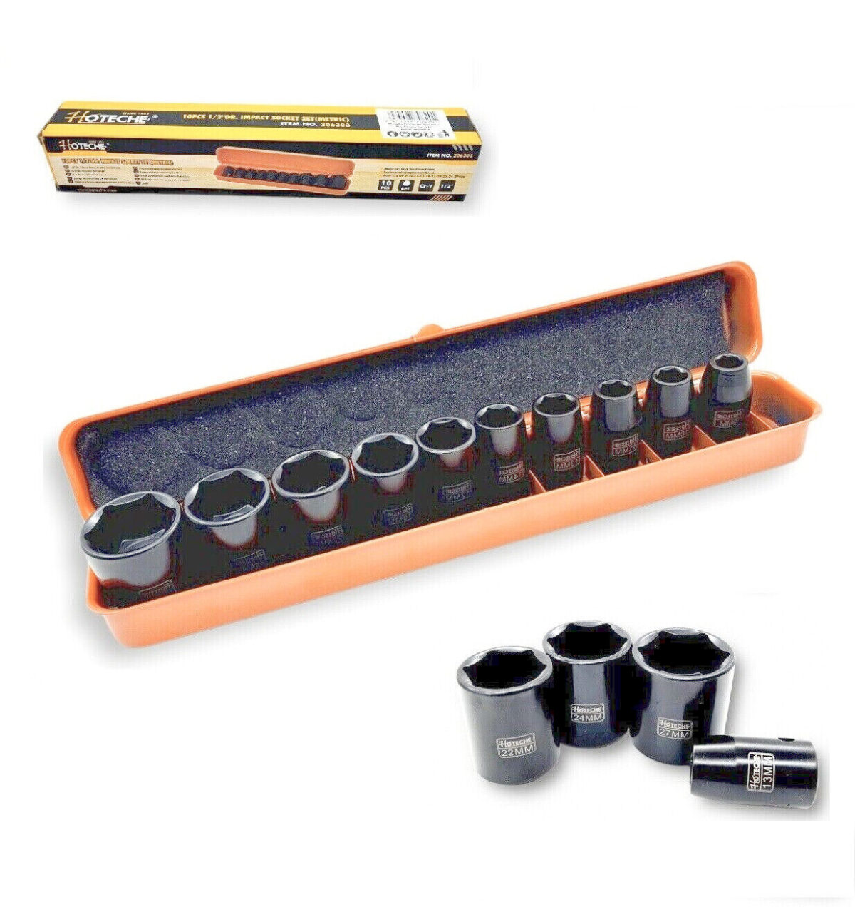 VASOS DE IMPACTO HEXAGONALES REFORZADOS 10 PIEZAS DESTORNILLADOR NEUMÁTICO 1/2" 9 27 MM 201