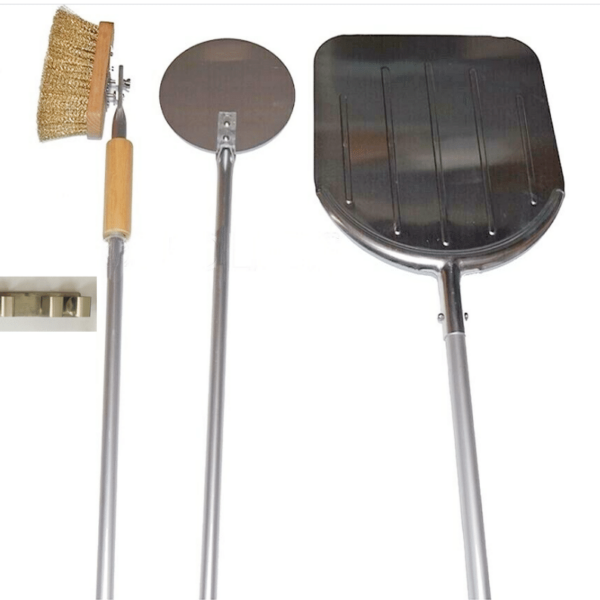 KIT JUEGO DE PALAS PARA PIZZA PALA DE HORNO DE LEÑA Q.+18+ CEPILLO P.+ SOPORTE DE PARED