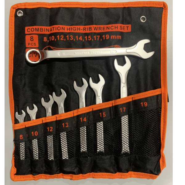 KIT 8 LLAVES COMBINADAS POLIGONALES FIJAS CURVAS 8-19 MM ANILLO CR-V DE ACERO 547XI