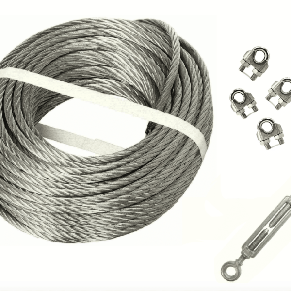 CUERDA COMERCIAL + ABRAZADERA TENSORA CABRESTANTE DE GANCHO DE OJO DE ACERO 6MM 25MT