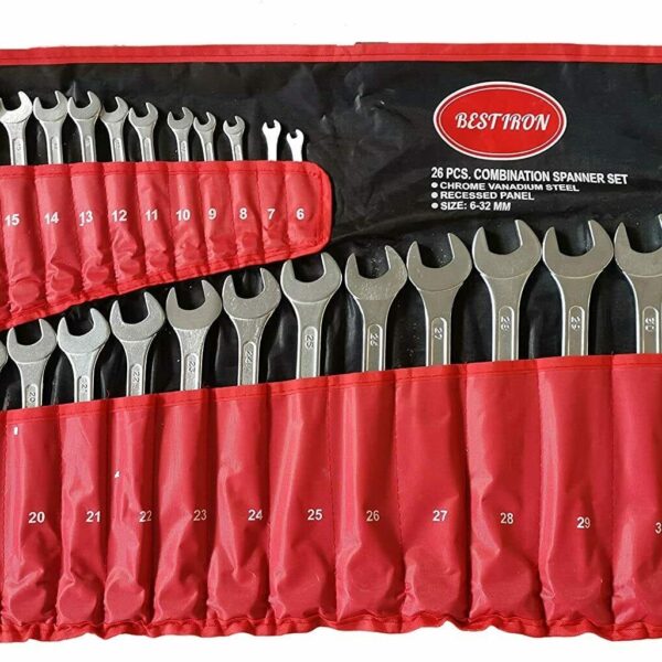 JUEGO DE LLAVES COMBINADAS 26 piezas DE 6 a 32 mm LLAVE DE ACERO FIJA Y FUNDA BES ESTRELLA