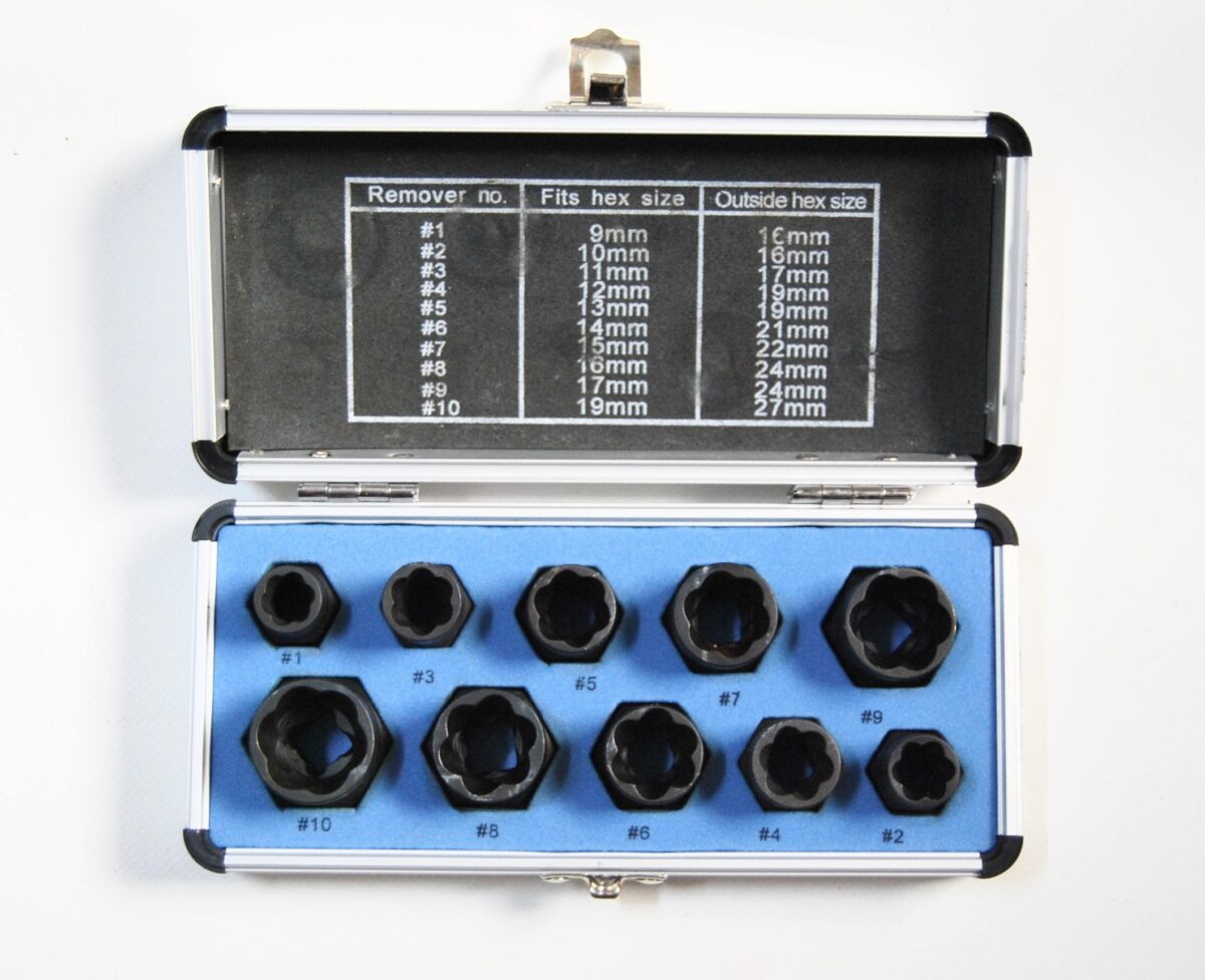 JUEGO DE 10 CASQUILLOS EXTRACTORES PARA DESATORNILLAR TORNILLOS Y TUERCAS: DAÑADOS, PELADOS