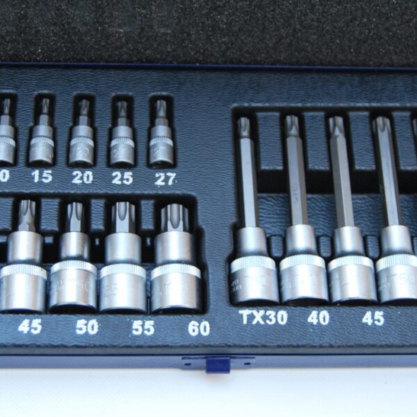 JUEGO DE LLAVES DE VASO MACHO TORX 19 PIEZAS EN CASSETTE DE ACERO CROMADO VANADIO 183 ES