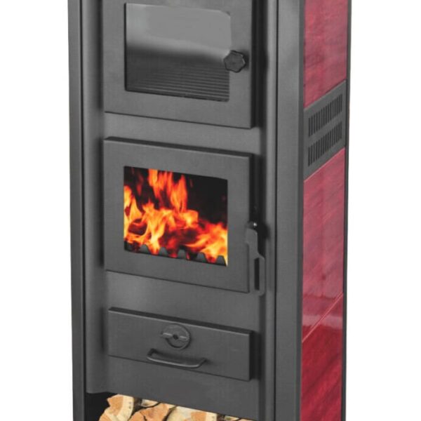 ESTUFA DE LEÑA VIDRIO DE ACERO 12 KW CON HORNO DE LEÑA cm 48x42x117 ROJO AMB654