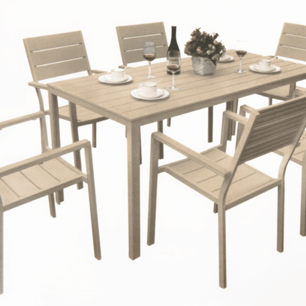 MESA Y SILLAS RECTANGULARES JARDÍN RESINA EFECTO MADERA SET BEIGE OUTDOOR VE